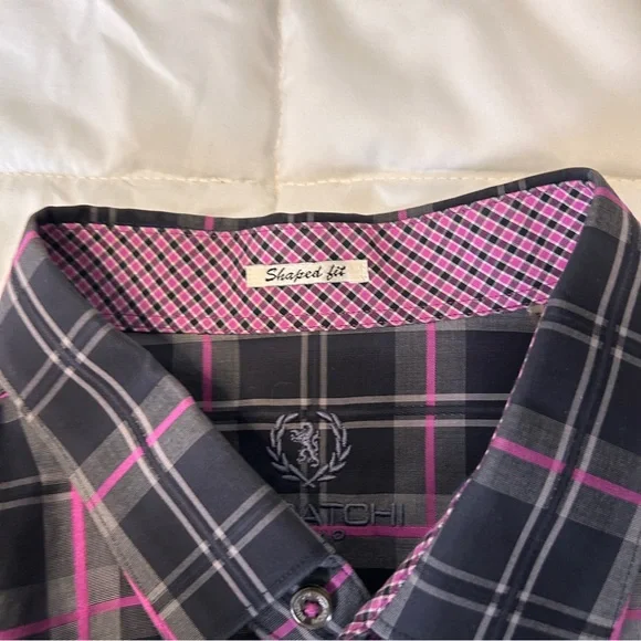 Bugatchi Men’s XXL Cotton Shape Fit Button Down Dress Shirt Black Pink Plaid EUC - Picture 4 of 10